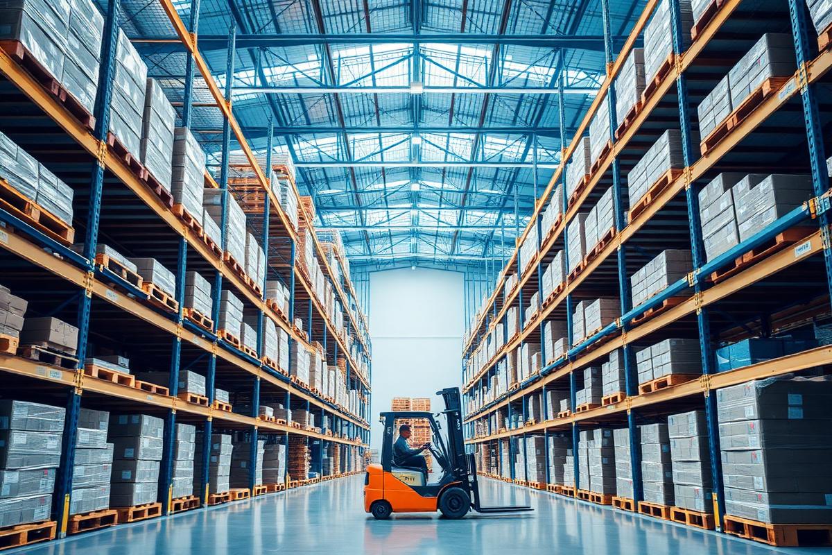 Interior de armazém com porta-pallets e empilhadeira em operação